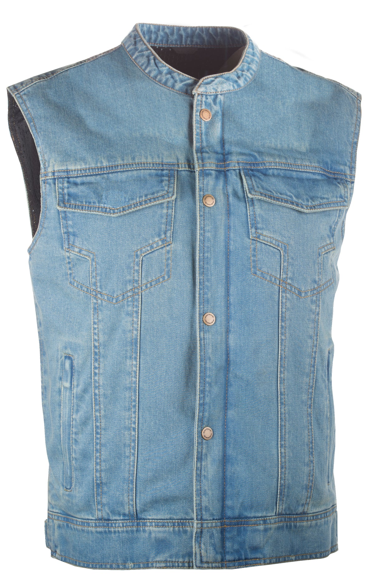 Front angle of blue Iron Sights Club Collar Denim Vest