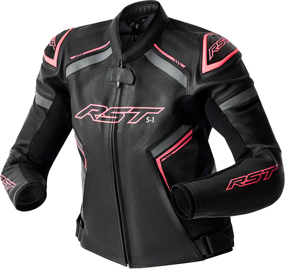 S1 D3O LEATHER LADIES JACKET BLK/FLO PINK MD