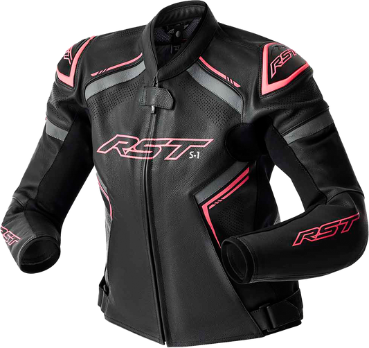 S1 D3O LEATHER LADIES JACKET BLK/FLO PINK XL